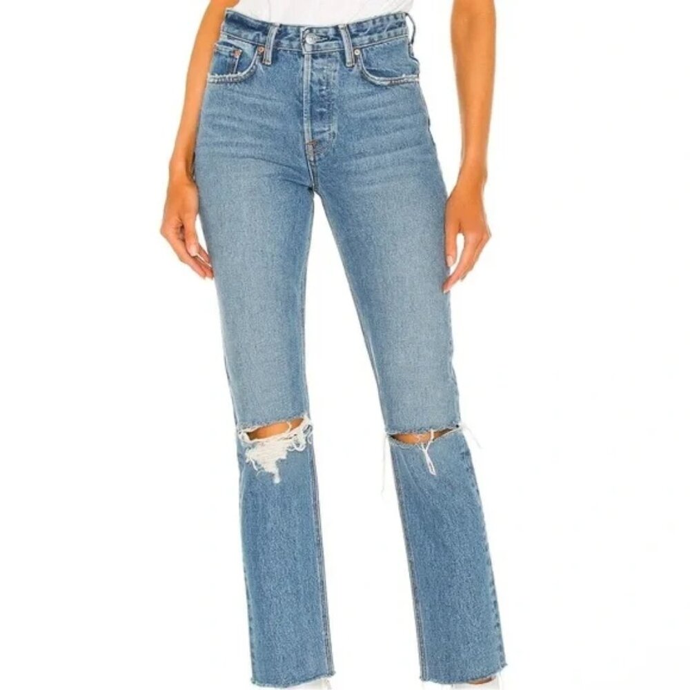GRLFRND KAROLINA HIGH RISE STRAIGHT CROP JEANS RIPPED KNEE RAW HEM RIGID sz 28